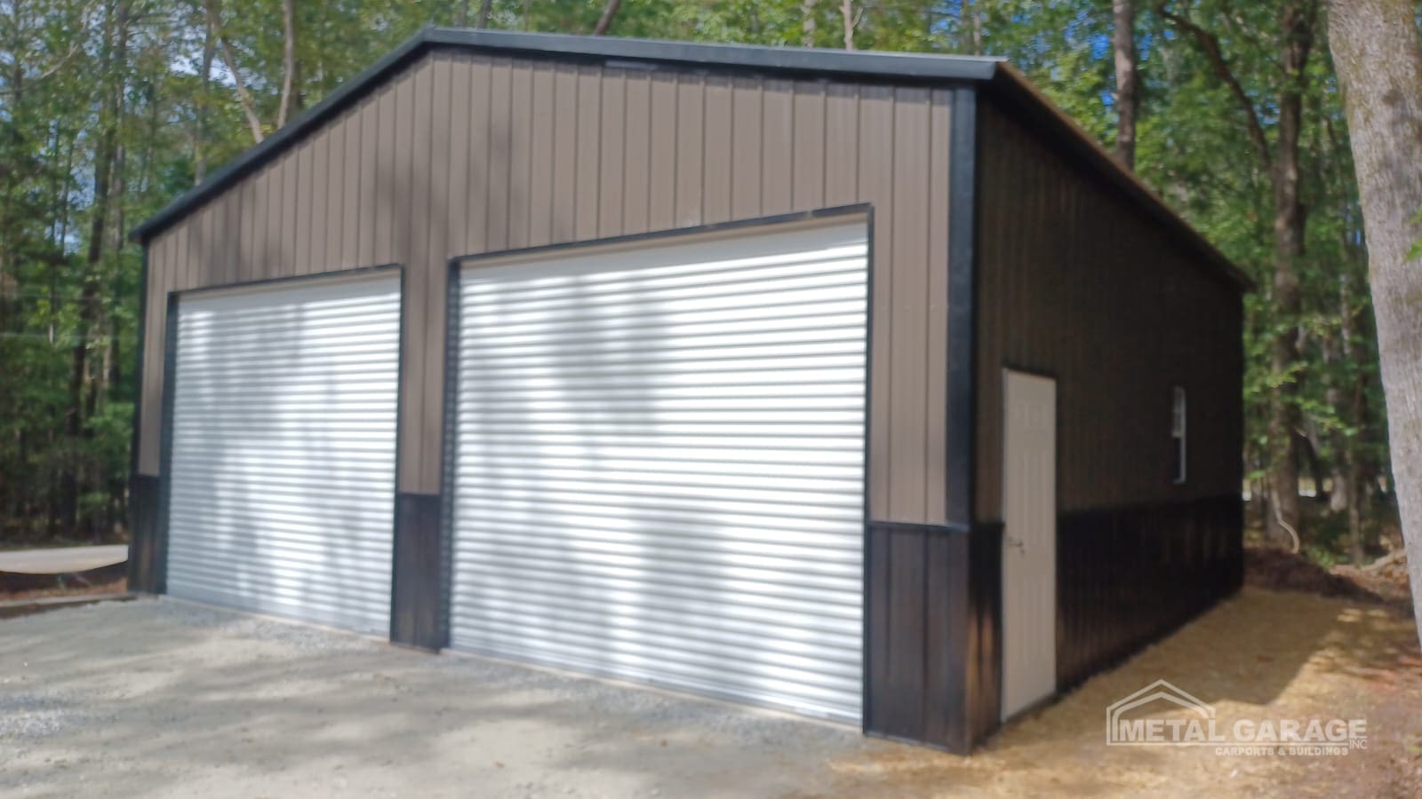 Brown metal garage with two white roll-up doors and a side entrance.