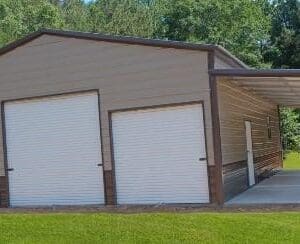 Metal building with three garage doors.