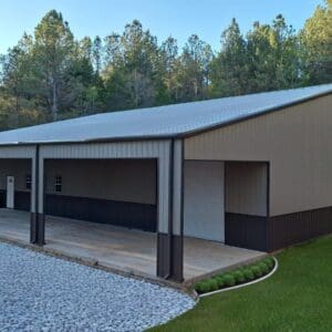 Large metal building with garage doors.